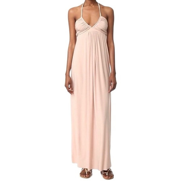 Misa Los Angeles Dresses & Skirts - Misa Los Angeles Anya Peach Deep V Neck Ruched Halter Maxi Dress Women’s XS